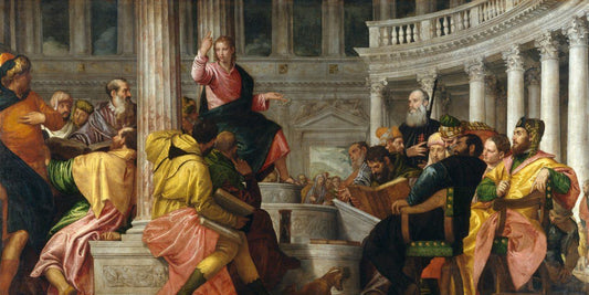 The young Jesus teaches the scholars in the temple at Jerusalem