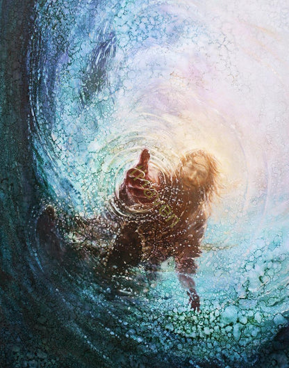 The Hand of God painting & image by Yongsung Kim depicts Jesus walking on water with his hand reaching into the water to save Peter. Canvas, Prints & Frames.