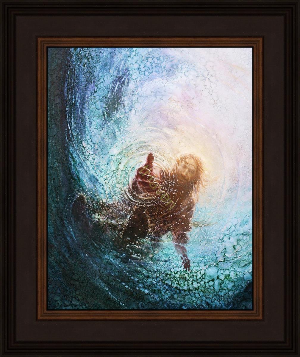 The Hand of God painting & image by Yongsung Kim depicts Jesus walking on water with his hand reaching into the water to save Peter. This painting comes with a dark brown outer frame & light brown inner frame.