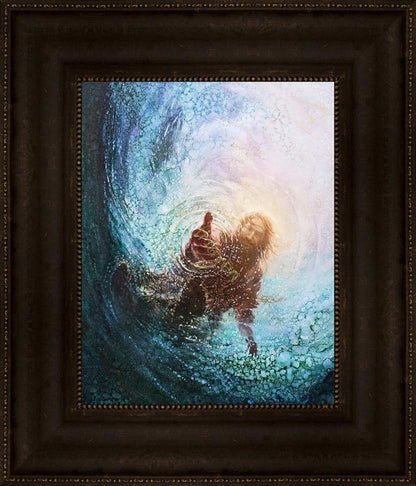 The Hand of God painting & image by Yongsung Kim depicts Jesus walking on water with his hand reaching into the water to save Peter. This painting comes with a dark brown frame and gold trim.