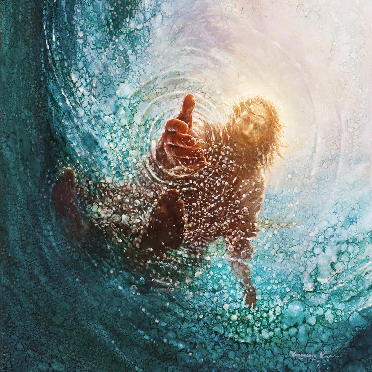 The Hand of God painting & image by Yongsung Kim depicts Jesus walking on water with his hand reaching into the water to save Peter.