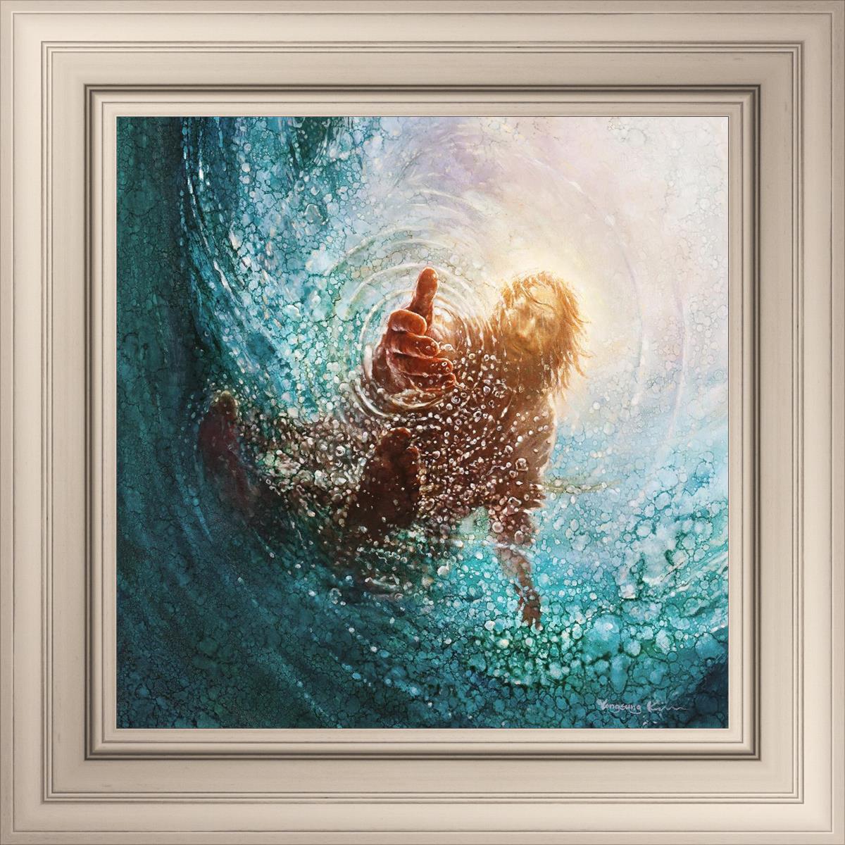 Square dimensions of The Hand of God painting & image by Yongsung Kim depicts Jesus walking on water with his hand reaching into the water to save Peter. This painting comes with a cream colored frame.