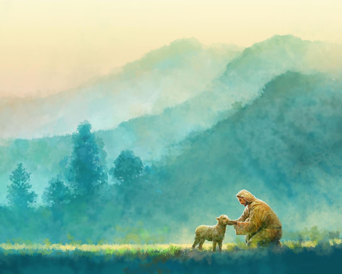 Little One is a painting that depicts Jesus Christ tending to a lost lamb amidst a large field - Yongsung Kim | Havenlight | Christian Artwork